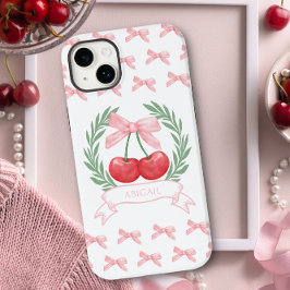 Preppy Cherries Pink Bows Laurel Wreath Logo Name Case-Mate iPhone 14 Plus Hülle