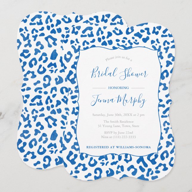 Preppy Chic Blue Leopard Print Brautparty Einladung (Vorne/Hinten)