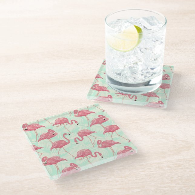 Preppy Chic Elegant rosa Flamingo Muster Glasuntersetzer (Schrägansicht)