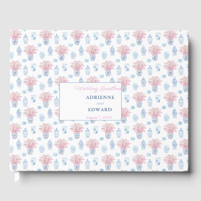 Preppy Chinese Jars Navy Blue and Pink Wedding Gästebuch (Vorderseite)