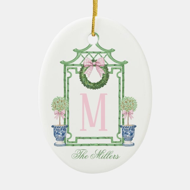 Preppy Chinoiserie Christmas Pagoda Monogram Keramik Ornament (Vorne)