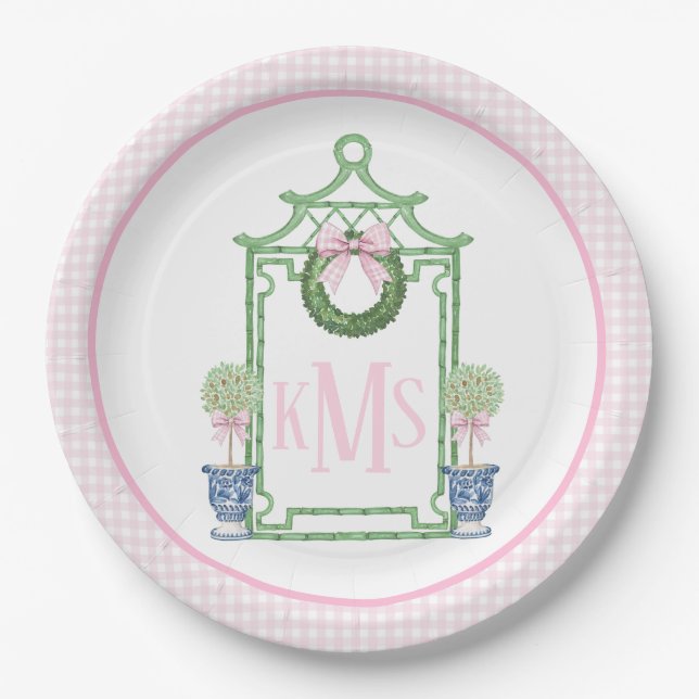 Preppy Chinoiserie Christmas Pagoda Monogram Pappteller (Vorderseite)