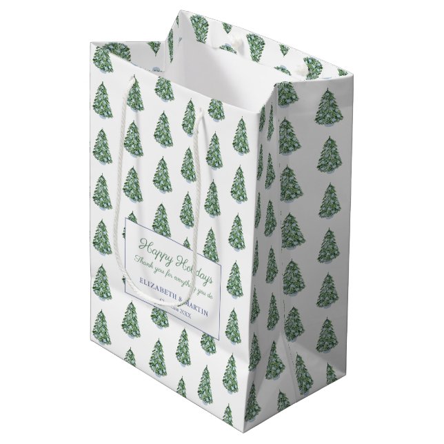 Preppy Chinoiserie Christmas Tree Happy Holidays Mittlere Geschenktüte (Vorderseite Schrägansicht)