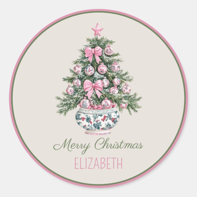 Preppy Chinoiserie Weihnachtsbaum Personalisiert Runder Aufkleber (Vorderseite)