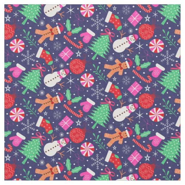 Preppy Christmas Characters mit Bogen auf dunkelbl Stoff (Nahaufnahme)