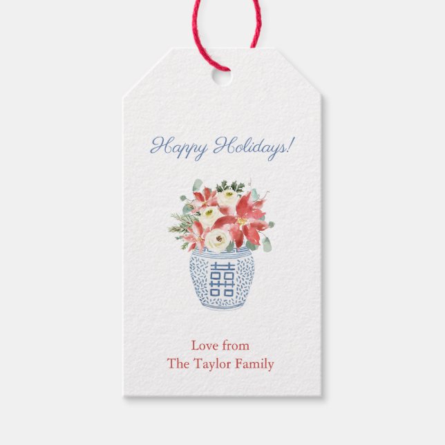 Preppy Christmas Florals Ginger Jar Happy Holidays Geschenkanhänger (Vorderseite)