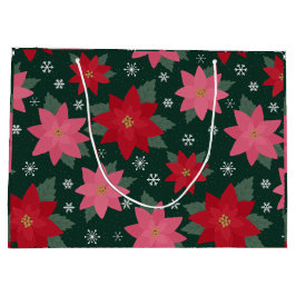 Preppy Christmas Poinsettias & Snowflake Gift Bag Große Geschenktüte