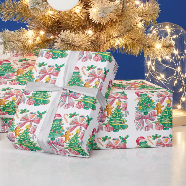 Preppy Christmas Tree Bow Pink Blue Coquette Geschenkpapier (Feiertage)