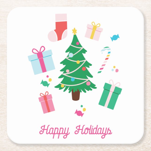 Preppy Christmas Tree Happy Holidays Rechteckiger Pappuntersetzer (Vorderseite)
