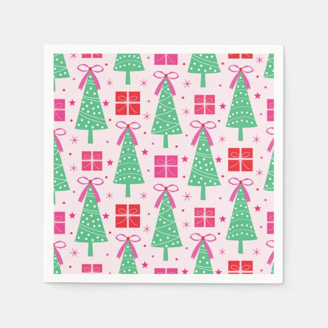 Preppy Christmas Trees mit rosa Bögen und Geschenk Serviette (Vorderseite)