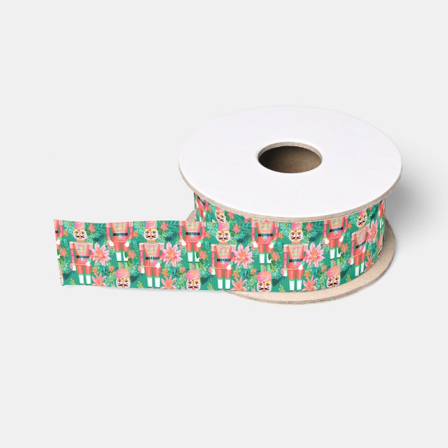 Preppy Christmas Watercolor Pink Green Nutcracker Ripsband (Spule)