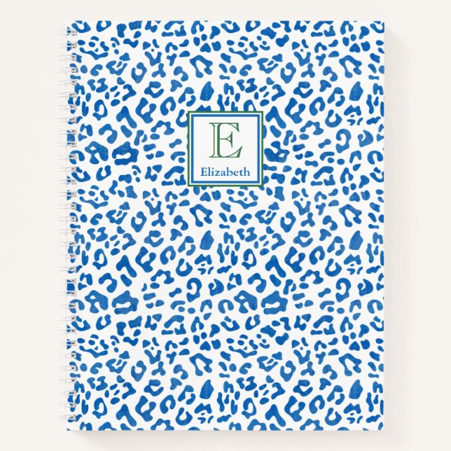 Preppy Classic Blue Animal Print & Green Monogram Notizbuch (Vorderseite)