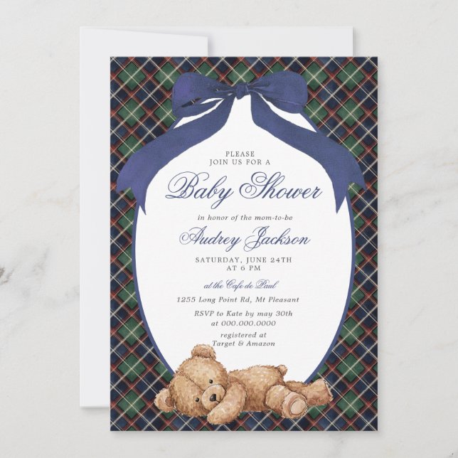 Preppy Classic Polo Bear Navy Plaid Baby Shower Einladung (Vorderseite)