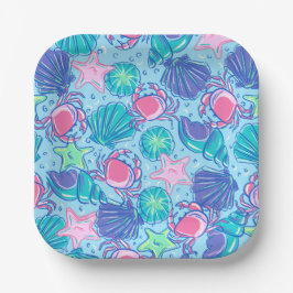 Preppy Coastal Beach Muschel Crab Pappteller