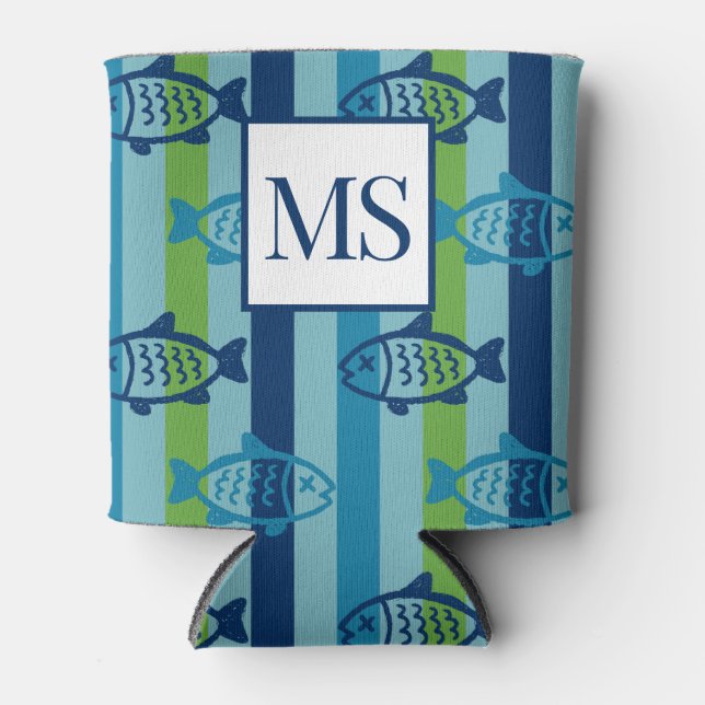 Preppy Coastal Fish Green Blue Stripe Dosenkühler (Vorderseite)