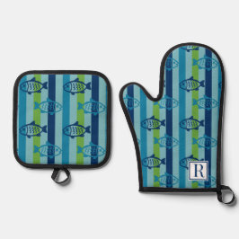 Preppy Coastal Fish Green Blue Stripe Ofenhandschuh & Topflappen-Set