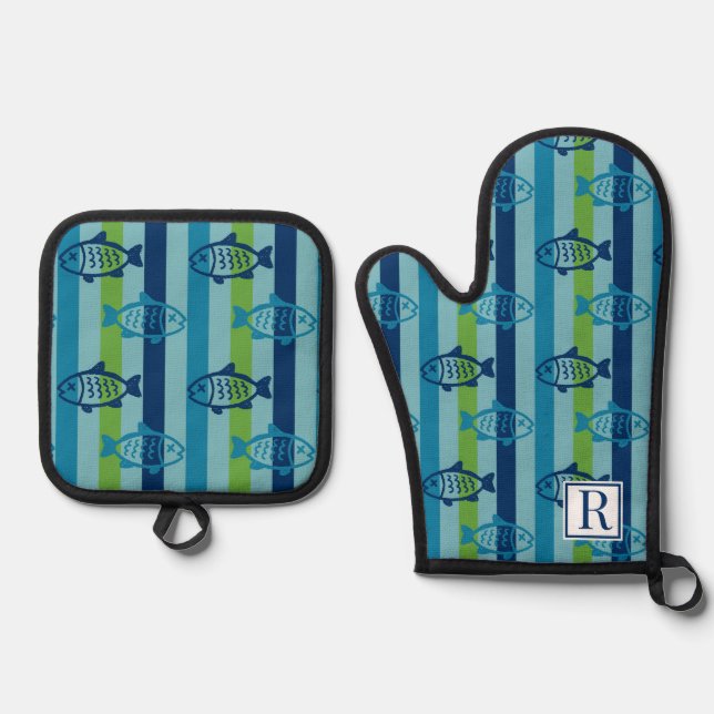 Preppy Coastal Fish Green Blue Stripe Ofenhandschuh & Topflappen-Set (Vorderseite)