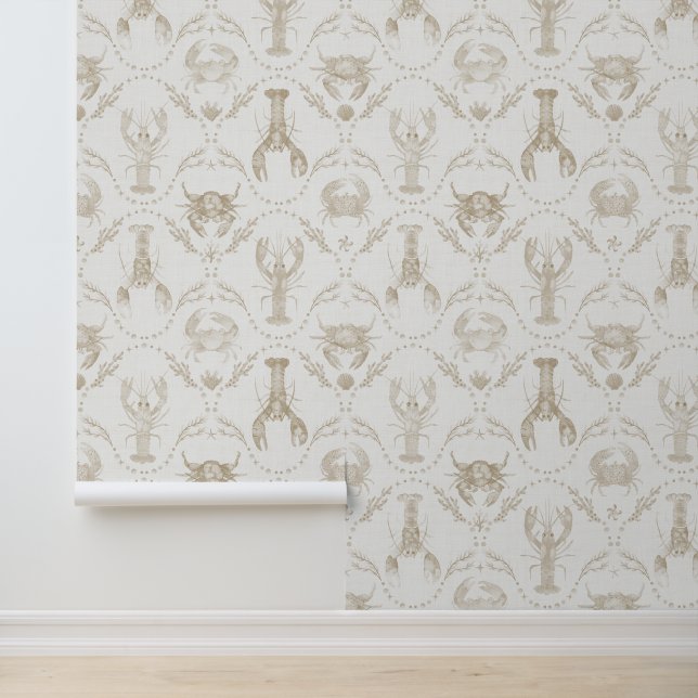Preppy Coastal Lobsters and Crabs in Sandy Beige Tapete (Anwendung)