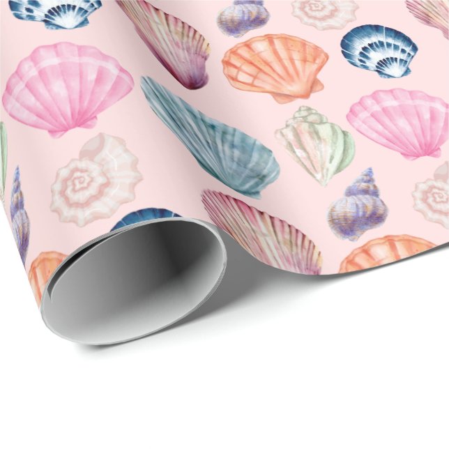 Preppy Coastal Seashell Pink Wrapping Paper Roll Geschenkpapier (Rolleneckpunkt)