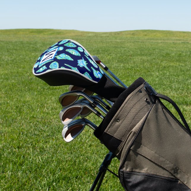 Preppy Coastes Muscheln auf Navy Blue Monogram Golf Headcover (In SItu)