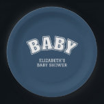 Preppy Collegiate Varsity Navy Baby Shower Pappteller<br><div class="desc">Add the perfect finishing touch to your celebration with these Preppy Varsity Collegiate Navy Baby Shower Paper Plates, designed to bring classic charm and stylish detail to your baby shower décor. Featuring bold varsity-style lettering, these plates capture the timeless look of preppy collegiate design while celebrating the sweetest reason to...</div>