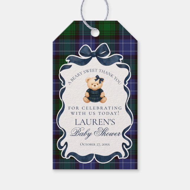 Preppy-Coquette-Bär-Tartan-Babyshower-Geschenke Geschenkanhänger (Vorderseite)