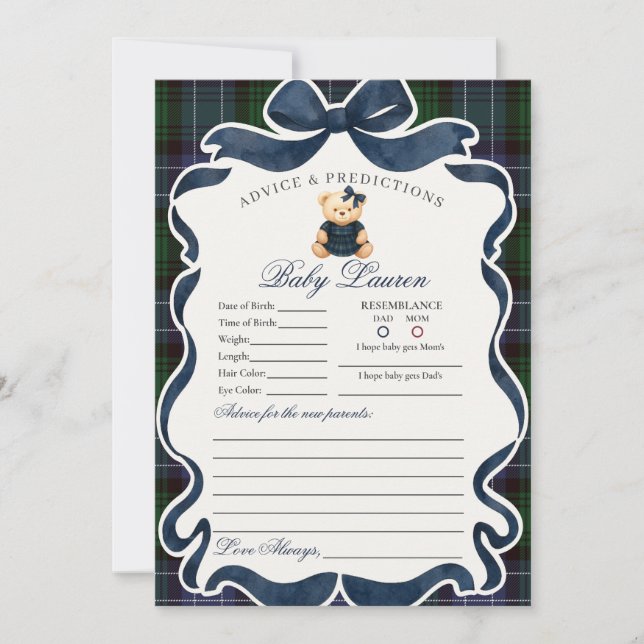 Preppy Coquette Bow Bear Girl Advice for Baby Card Einladung (Vorderseite)