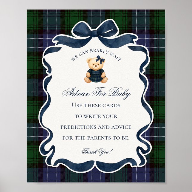 Preppy Coquette Bow Bear Shower Advice for Baby Poster (Vorne)