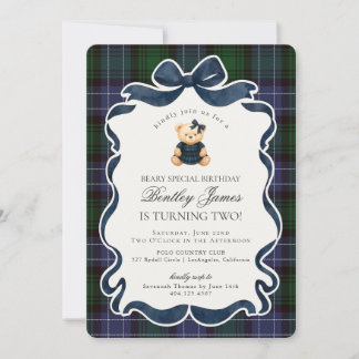 Preppy Coquette Bow Bear Tartan Plaid Birthday Einladung