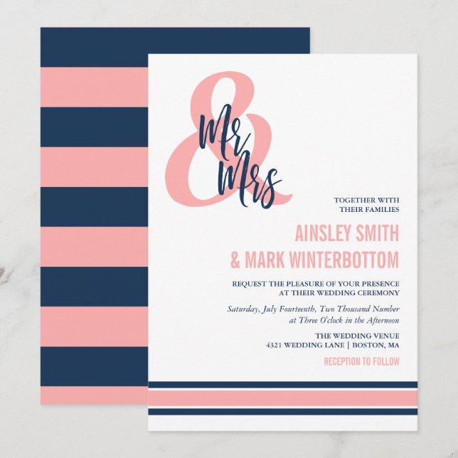 Preppy Coral & Navy Mr & Mrs. Wedding Einladung (Vorne/Hinten)