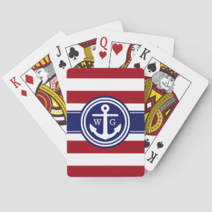 Preppy Cranberry Stripe Anchor Monogram Navy Blue Spielkarten