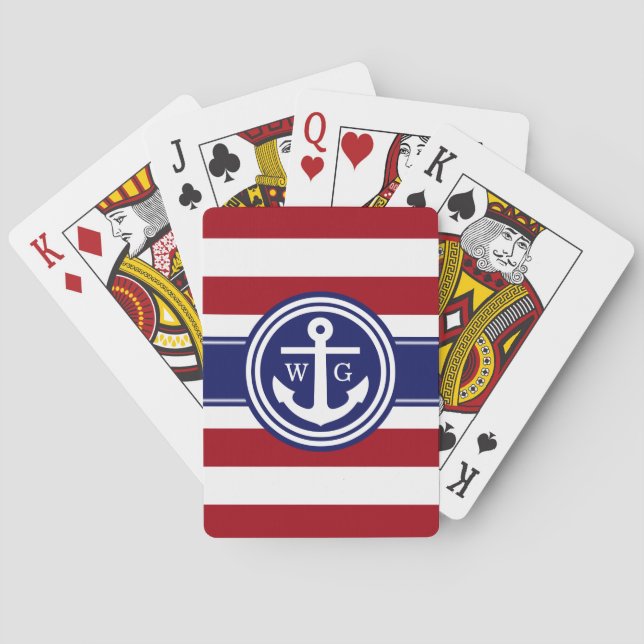 Preppy Cranberry Stripe Anchor Monogram Navy Blue Spielkarten (Rückseite)