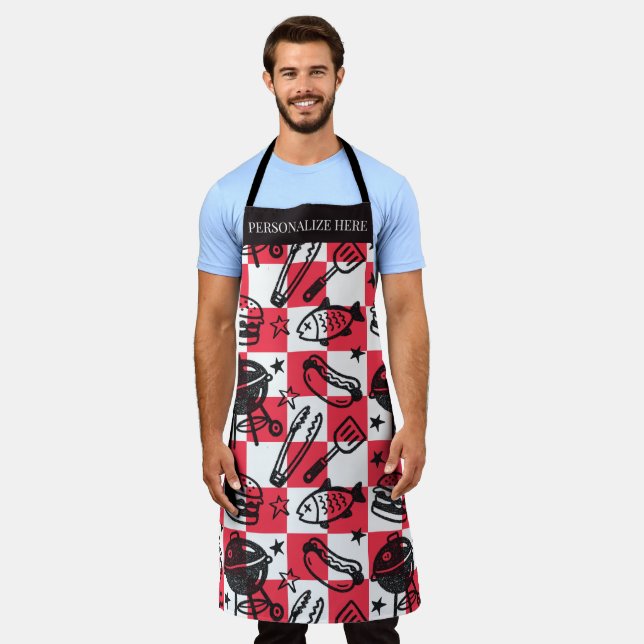 Preppy Dad Grilling Pattern – BBQ Doodles (Check) Schürze (Getragen)