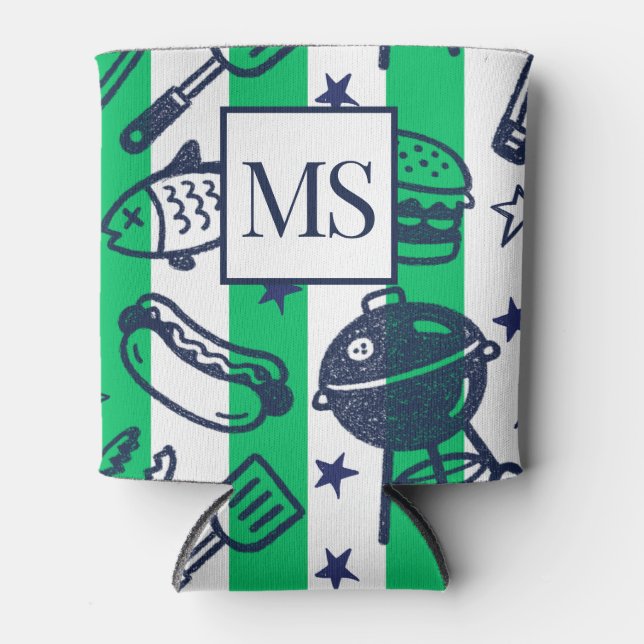Preppy Dad Grilling Pattern – BBQ Doodles (Stripe) Dosenkühler (Vorderseite)