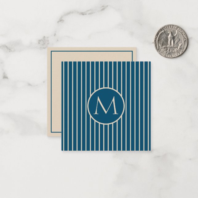 Preppy Dark Blue and Cream Stripe Monogram Mitteilungskarte (Vorderseite/Rückseite Beispiel)
