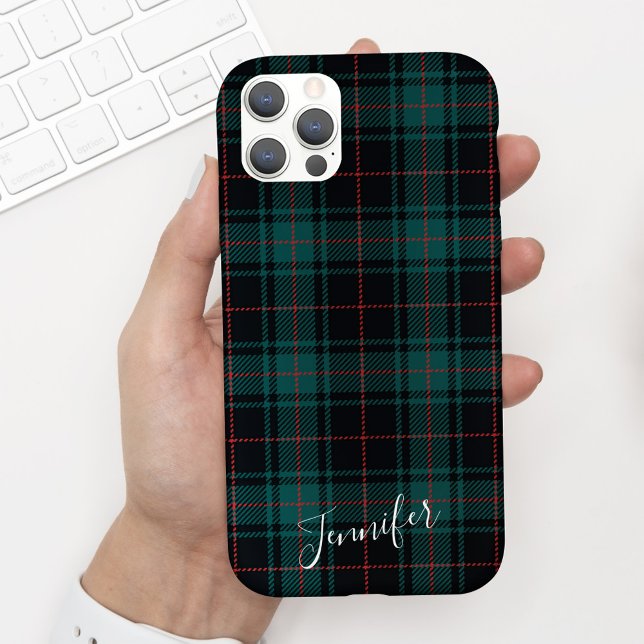 Preppy Dark Green Tartan Kariert Name Phone Case (Von Creator hochgeladen)