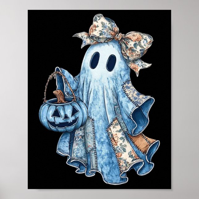 Preppy Denim Floral Fall Ghost Boo Denim Patchwork Poster (Vorne)