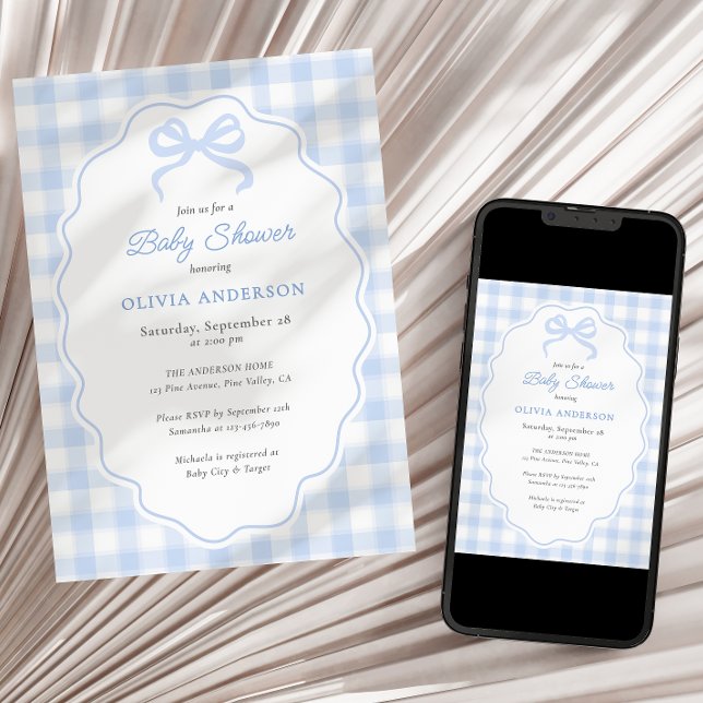 Preppy Doodle Frame Blue Gingham & Bow Baby Shower Einladung (Von Creator hochgeladen)