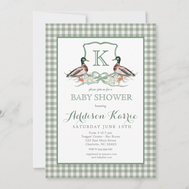 Preppy Duck Gingham Wappen Baby Shower Einladung (Vorderseite)