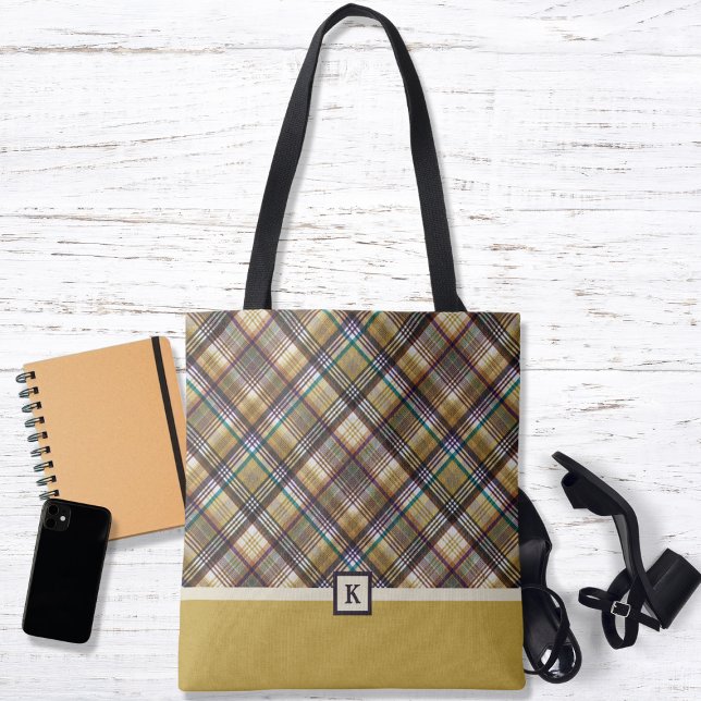 Préppy Earth Tones Plaid Monogram Sac fourre-tout (Créateur téléchargé)