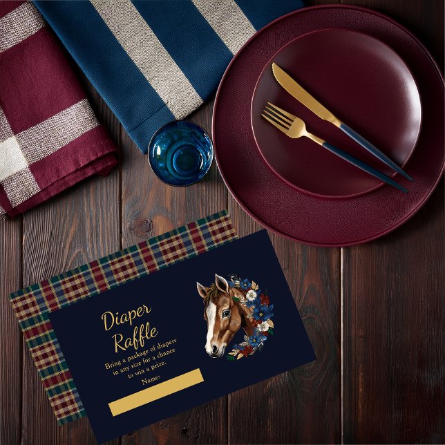 Preppy Equestrian Foal Floral Blue Diaper Raffel Begleitkarte (Charming Classic Preppy Equestrian Foal and Floral Wreath | Plaid Boy Baby Shower Diaper Raffle Card)