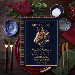 Preppy Equestrier Foal Floral   Karierte Babydusch Einladung