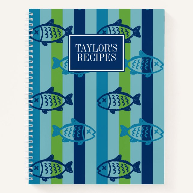 Preppy Fish Coastal Kitchen Stripe Recipe Notizbuch (Vorderseite)