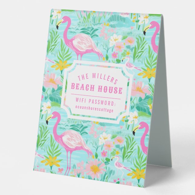 Preppy Flamingo Beach House WLAN-Kennwort Tischaufsteller (Vorderseite)