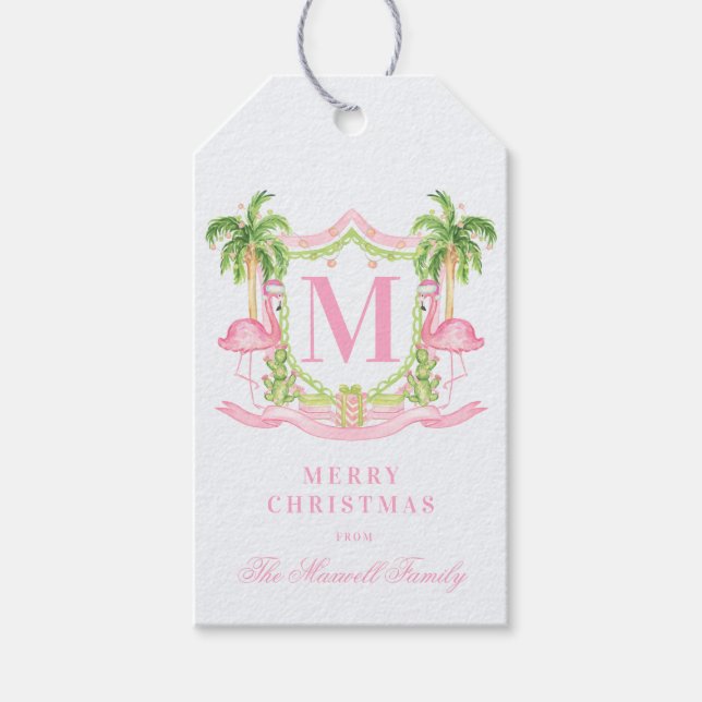 Preppy Flamingo Christmas Crest  Geschenkanhänger (Vorderseite)