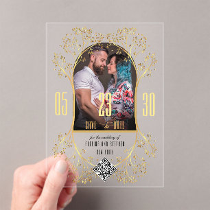 Preppy Floral Gold QR CODE Hochzeit Sichern Sie da Acryleinladungen