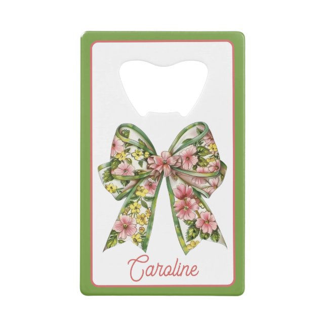 Preppy Floral Pink and Green Bow Personalized Geldbeutel Flaschenöffner (Vorderseite)