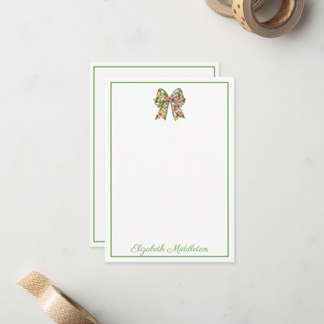 Preppy Floral Pink and Green Bow Personalized Mitteilungskarte (Vorderseite/Rückseite Beispiel)