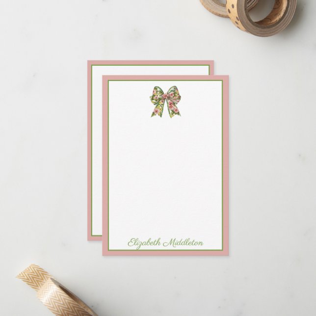 Preppy Floral Pink and Green Bow Personalized Mitteilungskarte (Vorderseite/Rückseite Beispiel)