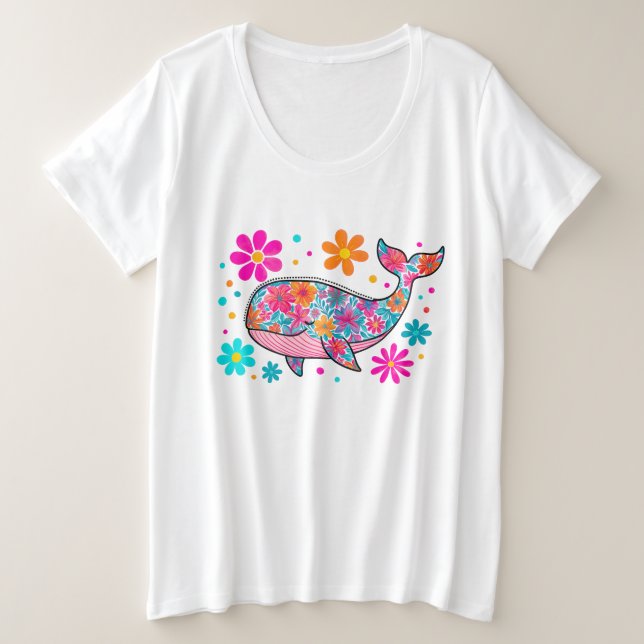 Preppy Floral Summer Whale Große Größe T-Shirt (Design vorne)